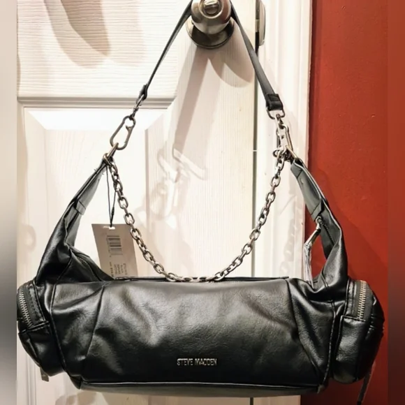 NWT Steve Madden BBRONX Satchel - Black Moto Studded Bag with Chain - Picture 7 of 15